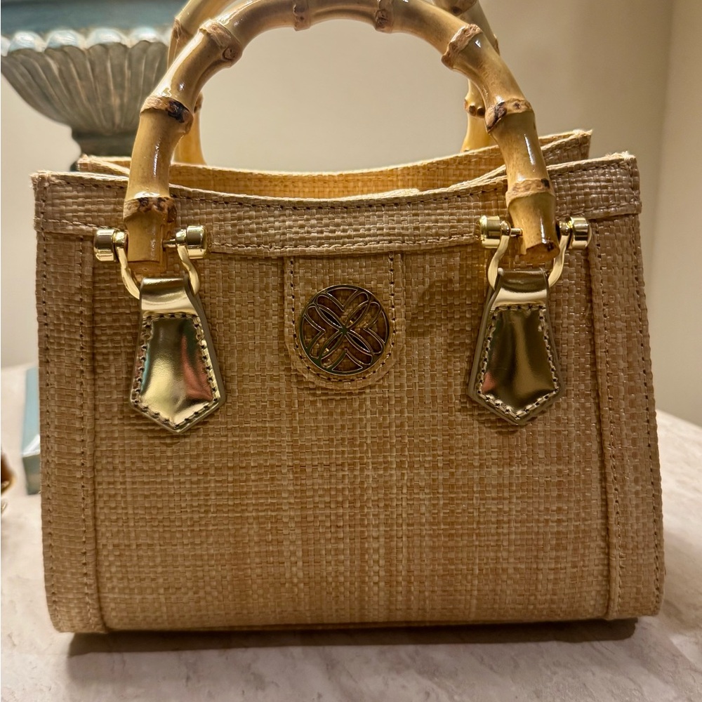 Lilly Pulitzer  Mari Mini Bag. Tan Satchel with Bamboo Handles